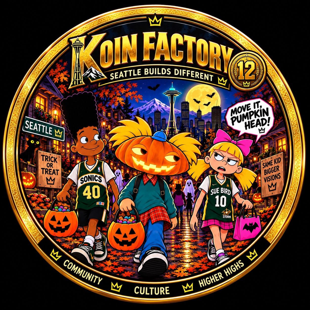Pumpkin Head, Jerald in a basketball jersey, and Helga trick-or-treating in Seattle beneath the Space Needle, framed in a golden Koin Factory coin